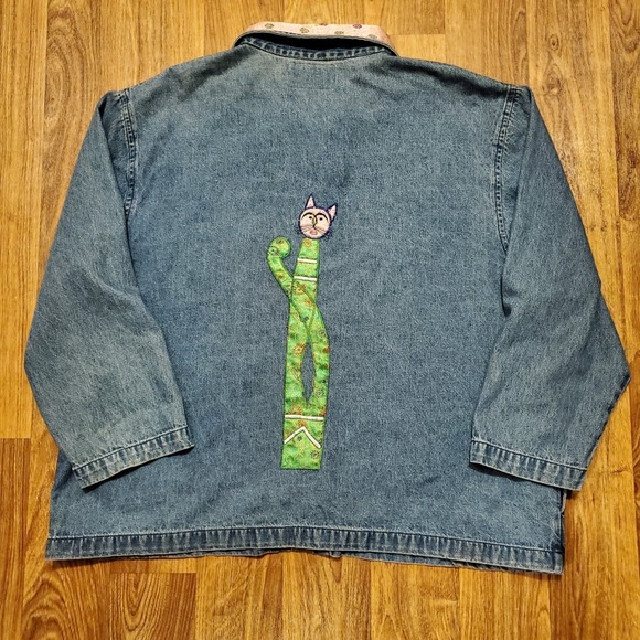 Vintage Denim Jacket Women 2X Blue Cats Applique Embroidered Brocade - Picture 3 of 6